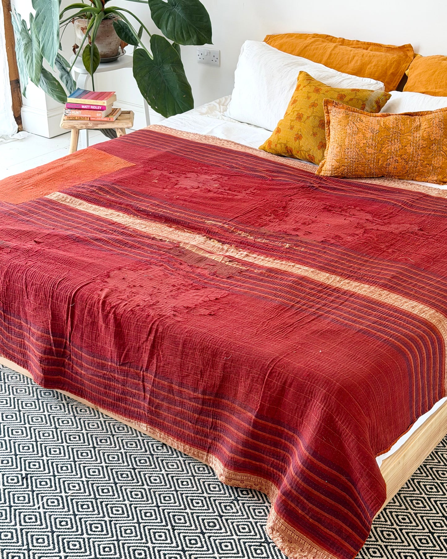 Extra Large Ajrakh Printed Vintage Kantha Quilt In Deep Red