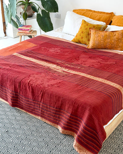 Extra Large Ajrakh Printed Vintage Kantha Quilt In Deep Red