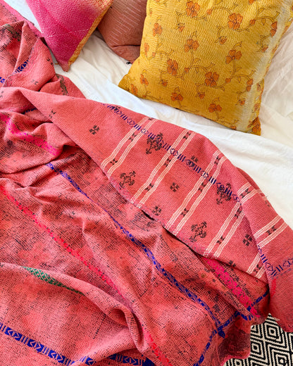 Extra Large Embroidered Vintage Kantha Quilt in Deep Red