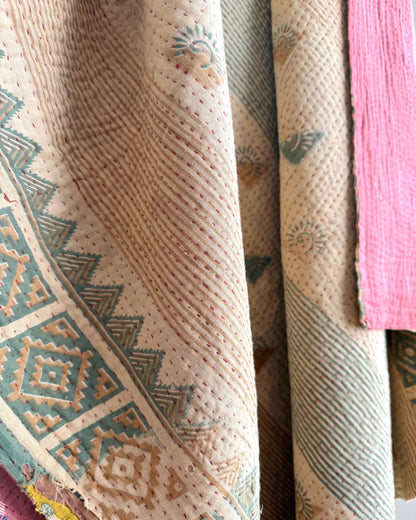 Fine Stitched Vintage Kantha Quilt in Super Soft Pink and Olive Green