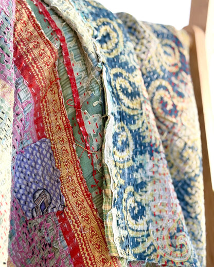 Textured Vintage Kantha Quilt In Green and Gold - Biggs & Hill