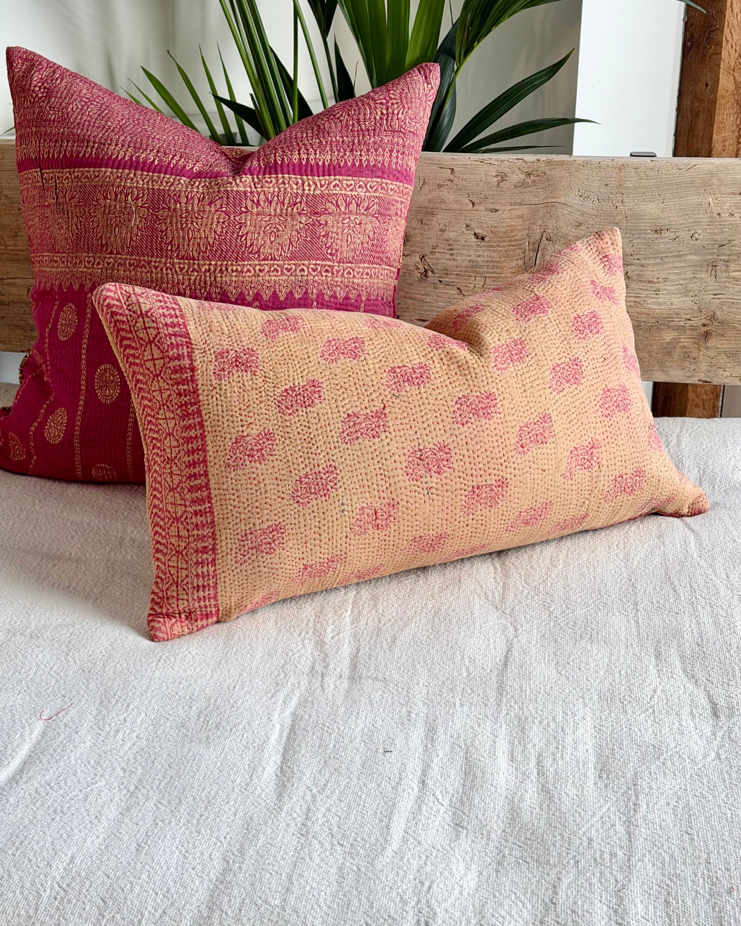 Vintage Kantha Cushion In Pink and Beige - Small Rectangular