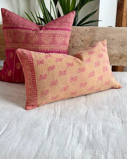 Vintage Kantha Cushion In Pink and Beige - Small Rectangular
