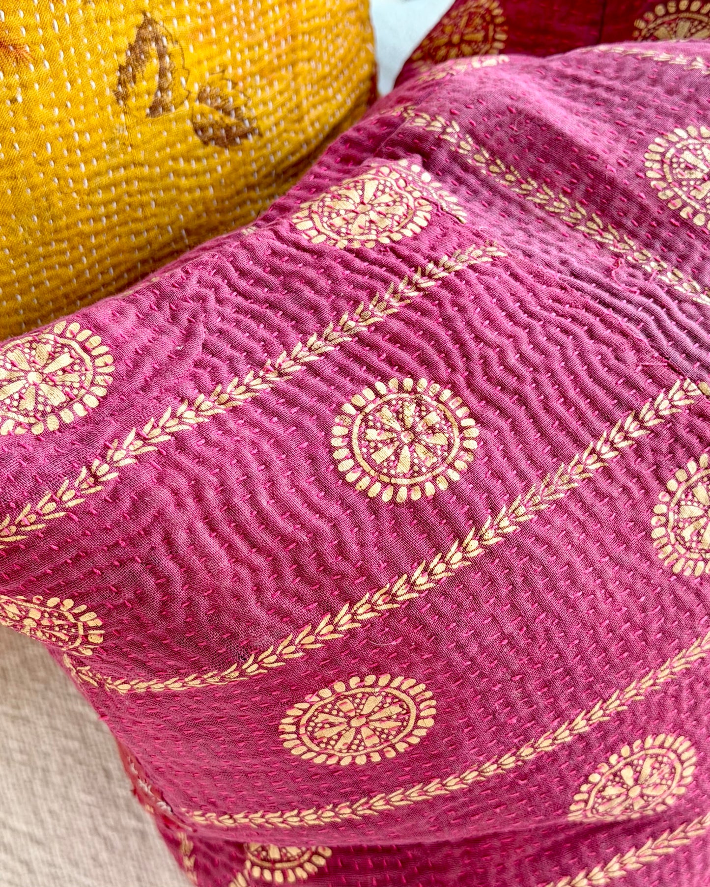Vintage Kantha Cushion In Burgundy and Gold Dots - 45cm Square