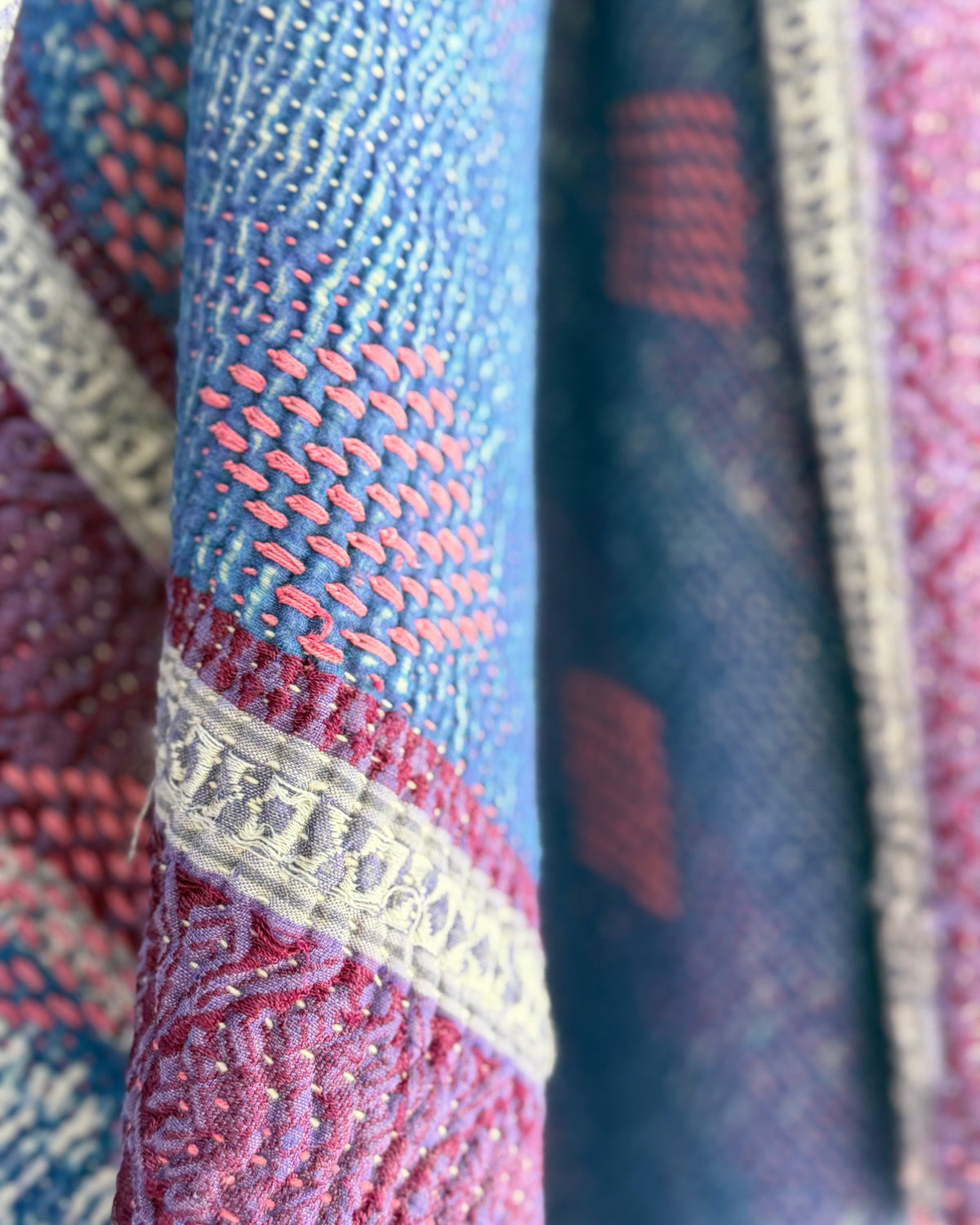 Heavy Fine Stitched Embroidered Vintage Kantha Quilt in Blue and Pink