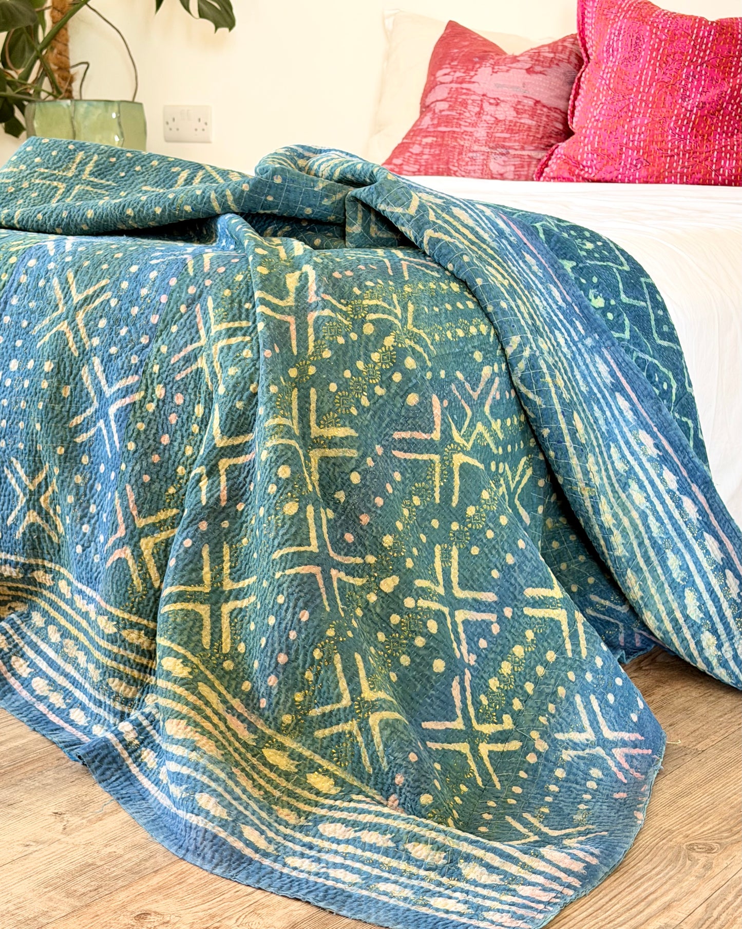 Large Heavy Indigo Print Kantha Quilt