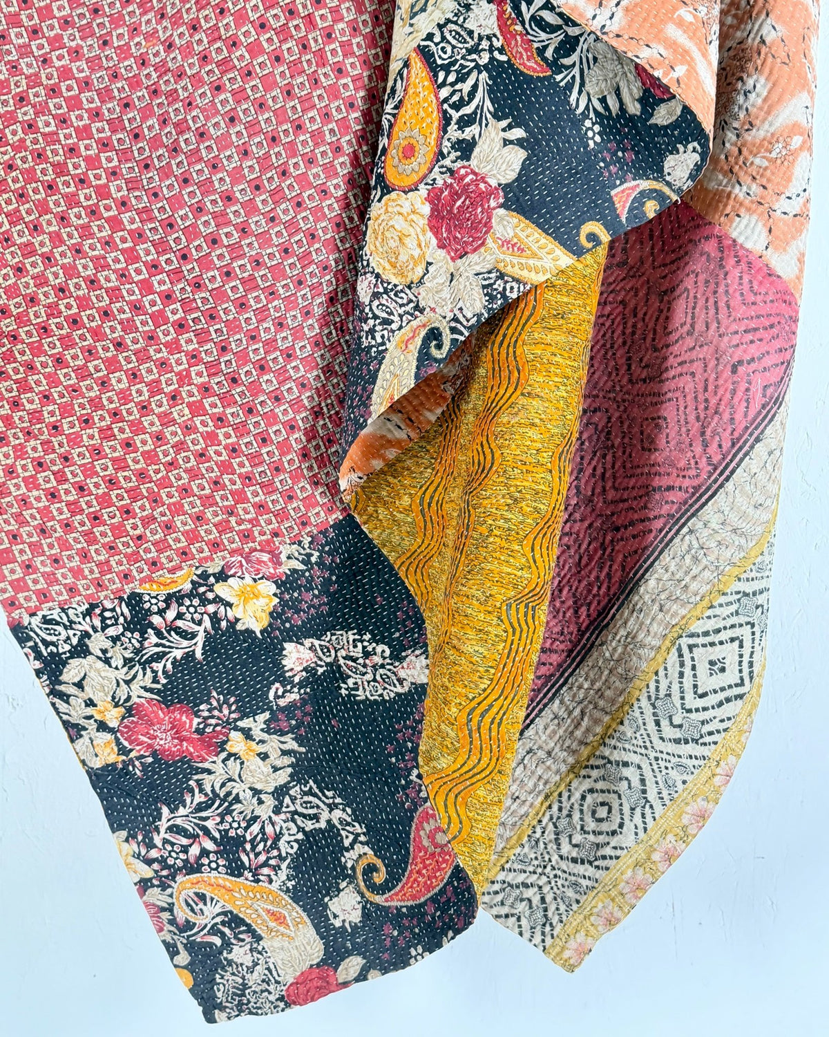 Fine Stitched Vintage Kantha Quilt in Peachy Pink and Mustard - Biggs & Hill