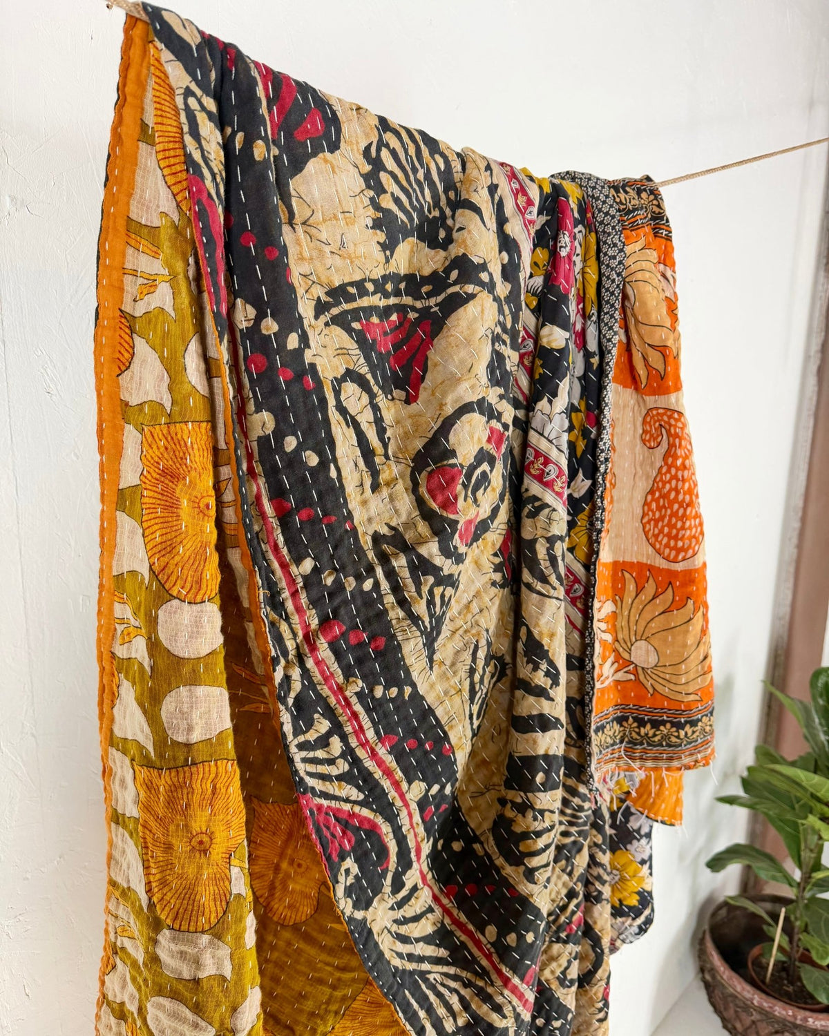 Vintage Cotton Kantha Quilt In Orange and Black Floral 14 - Biggs & Hill