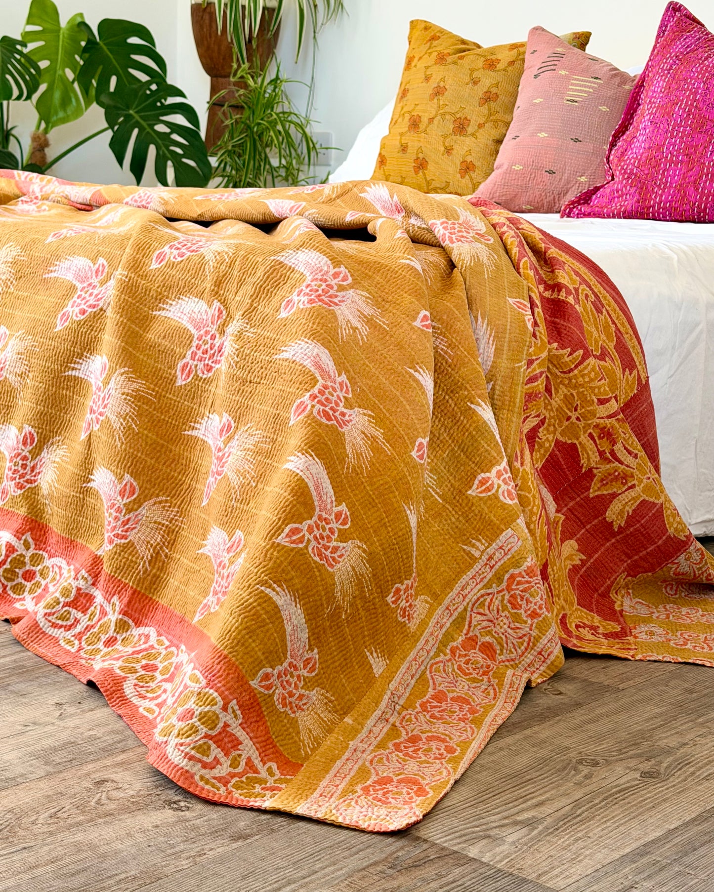 Large Fine Stitched Vintage Kantha Quilt in Mustard and Pink