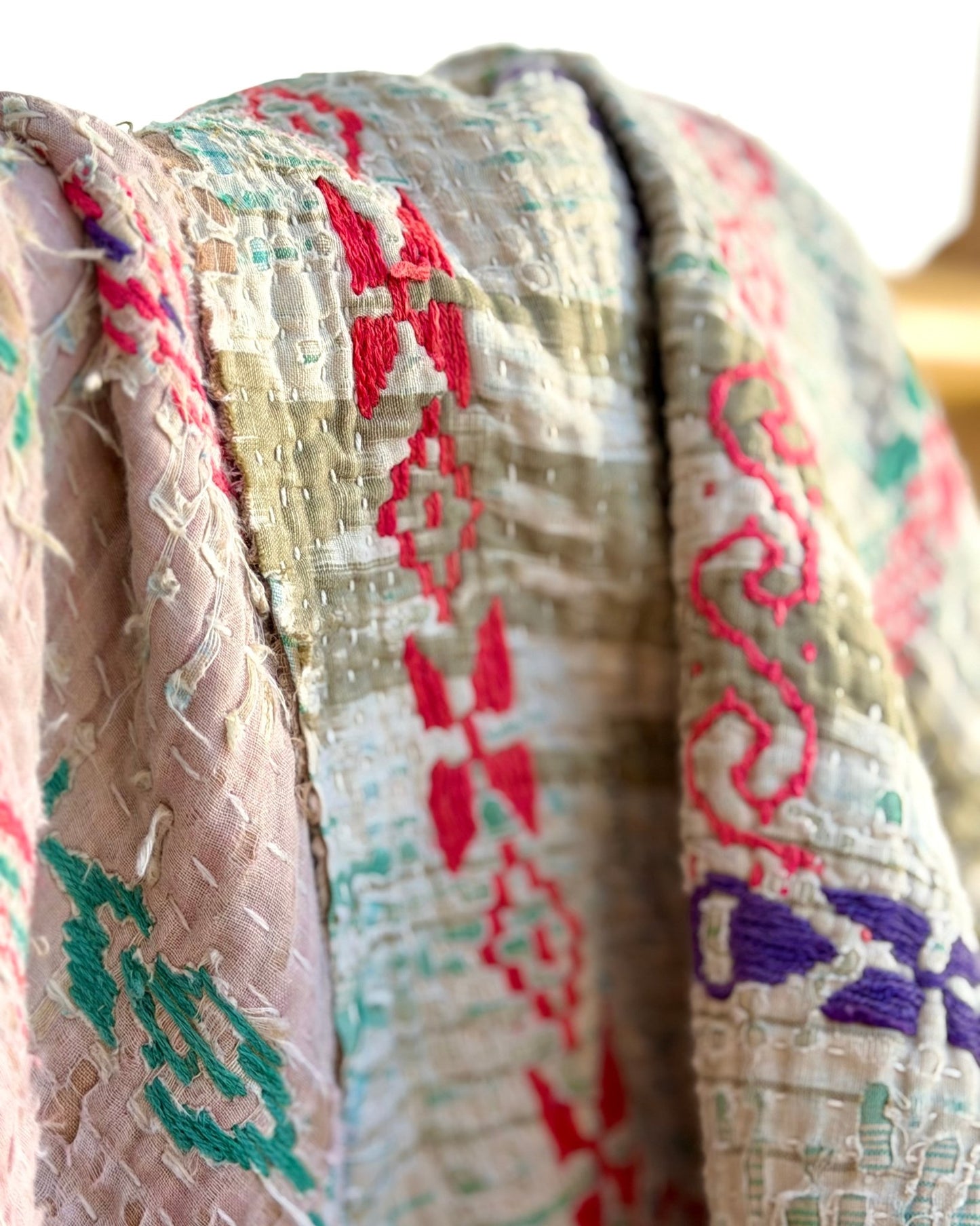 Embroidered and Textured Vintage Kantha Quilt In Green and Light Pink - Biggs & Hill