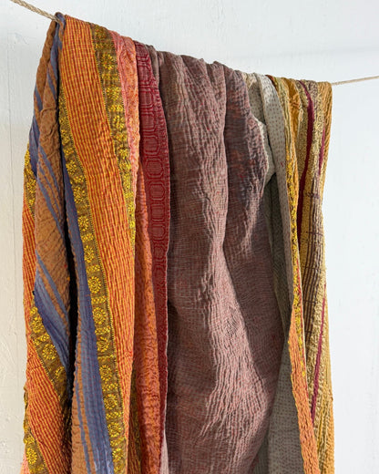 Extra Large Fine Stitched Vintage Kantha Quilt in Yellow and Pink Stripes - Biggs & Hill
