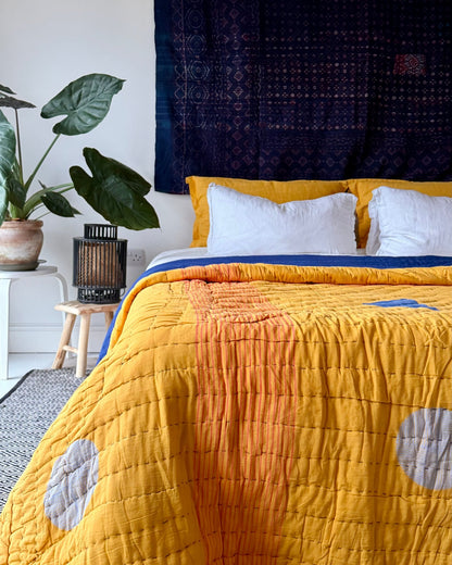 Quilted Kantha In Blue and Yellow With Geometric Patterns - SUPER KING - Biggs & Hill