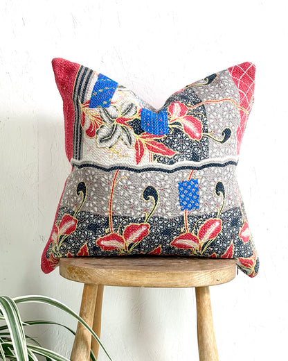 Handmade Vintage Kantha Cushion Cover In Red and Blue - 45cm (18") Square