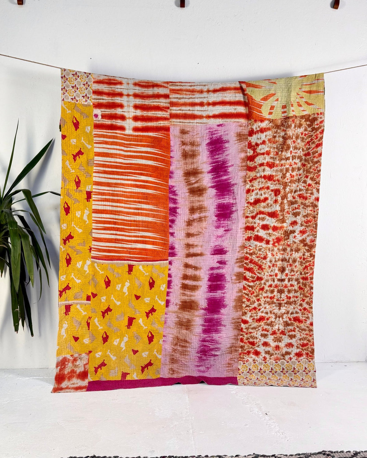 Extra Large Fine Stitched Vintage Kantha Quilt in Vibrant Multicolour Patterns - Biggs & Hill