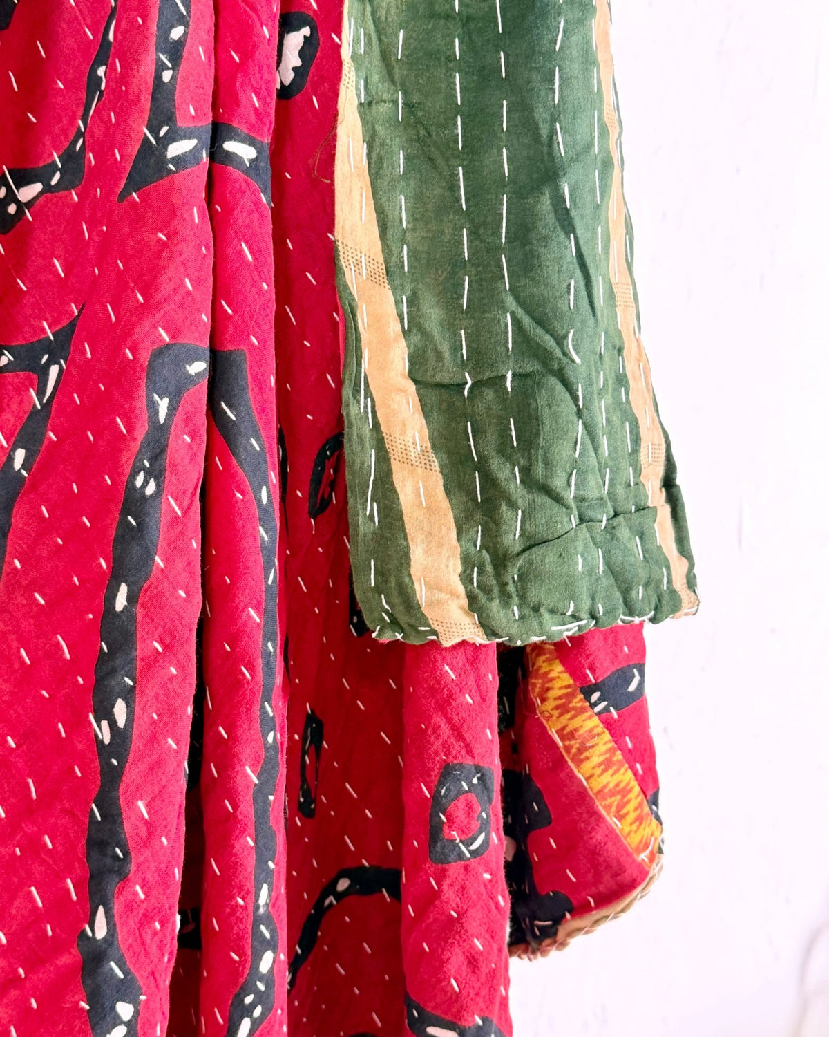 Vintage Cotton Kantha Quilt In Olive Green and Red 08 - Biggs & Hill