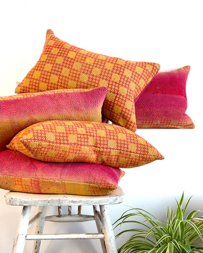 Vintage Kantha Cushion In Pink and Yellow - Small Rectangular