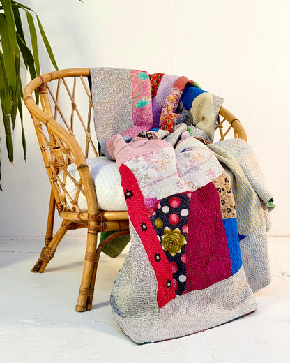 Large Fine Stitched Vintage Kantha Quilt in Multicolour Patchwork