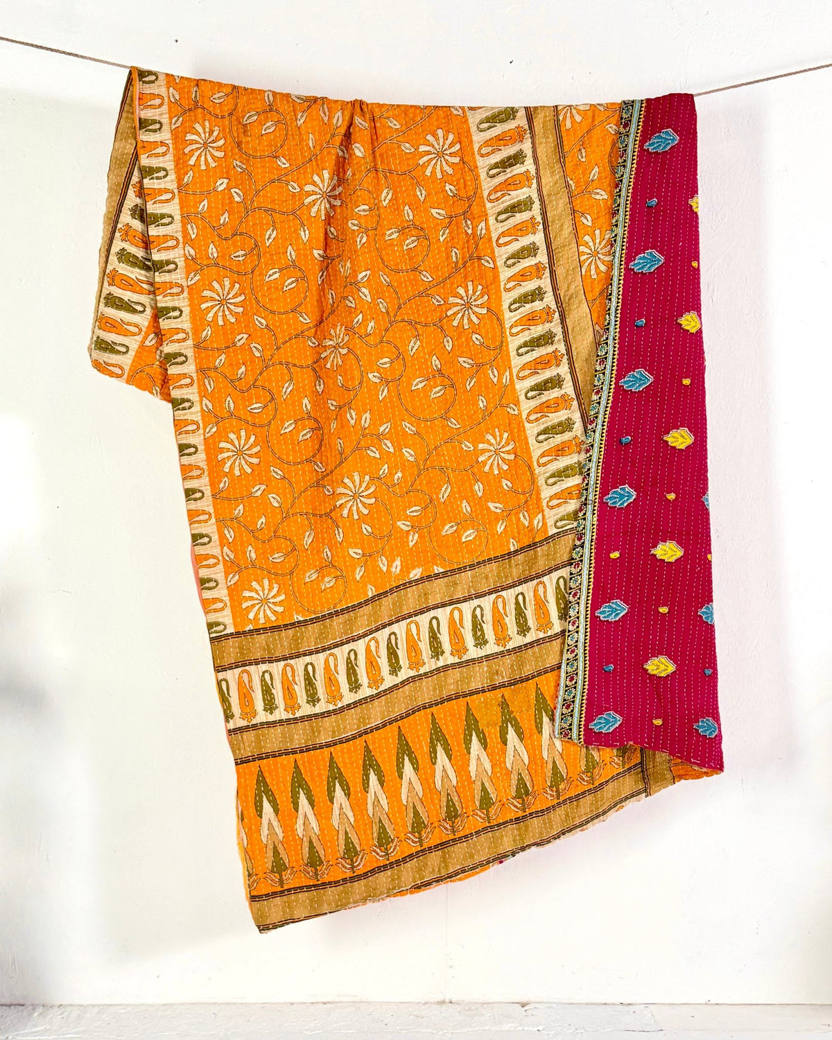 Vintage Cotton Kantha Quilt In Orange and Red 06 - Biggs & Hill