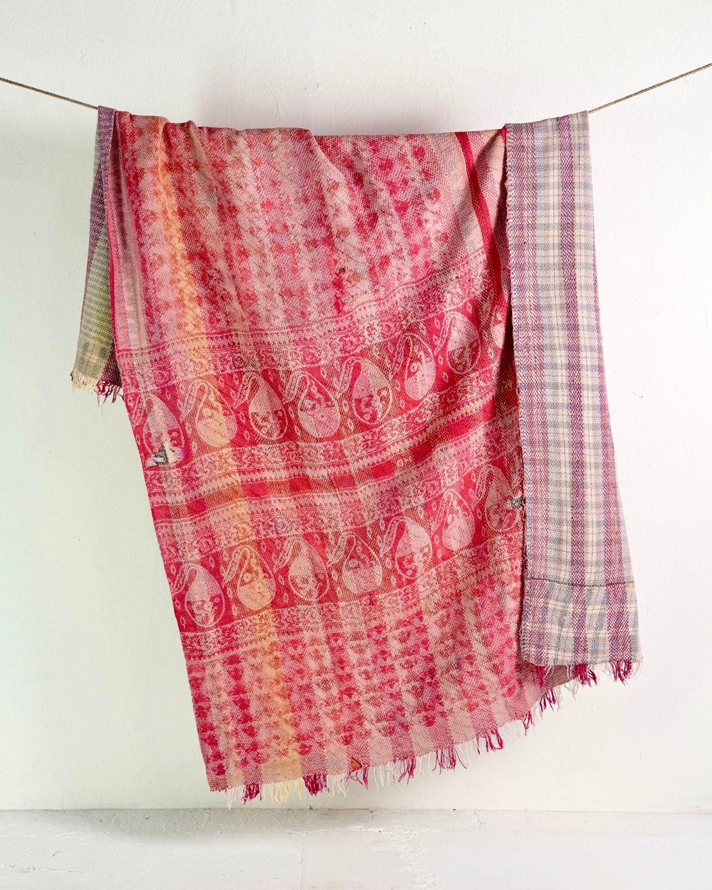 Heavy Kantha Blanket Quilt With Pink Stripes - Biggs & Hill