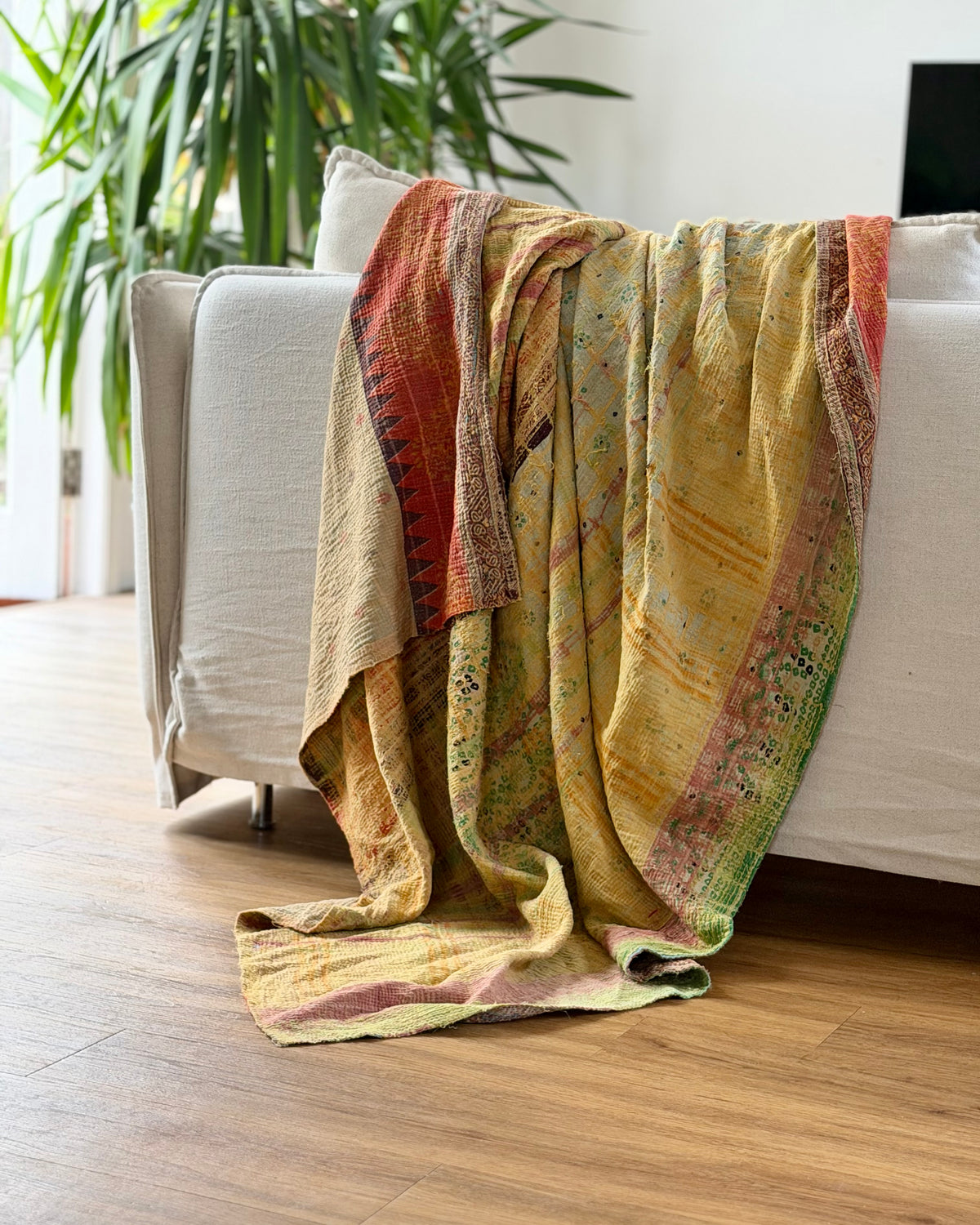 Large Textured Vintage Kantha Quilt In Soft Yellow and Orange