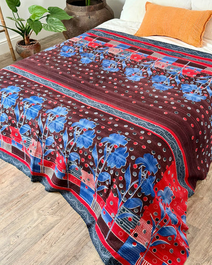 Fine Stitched Vintage Kantha Quilt With Yellow Dots and Blue Floral - Biggs & Hill