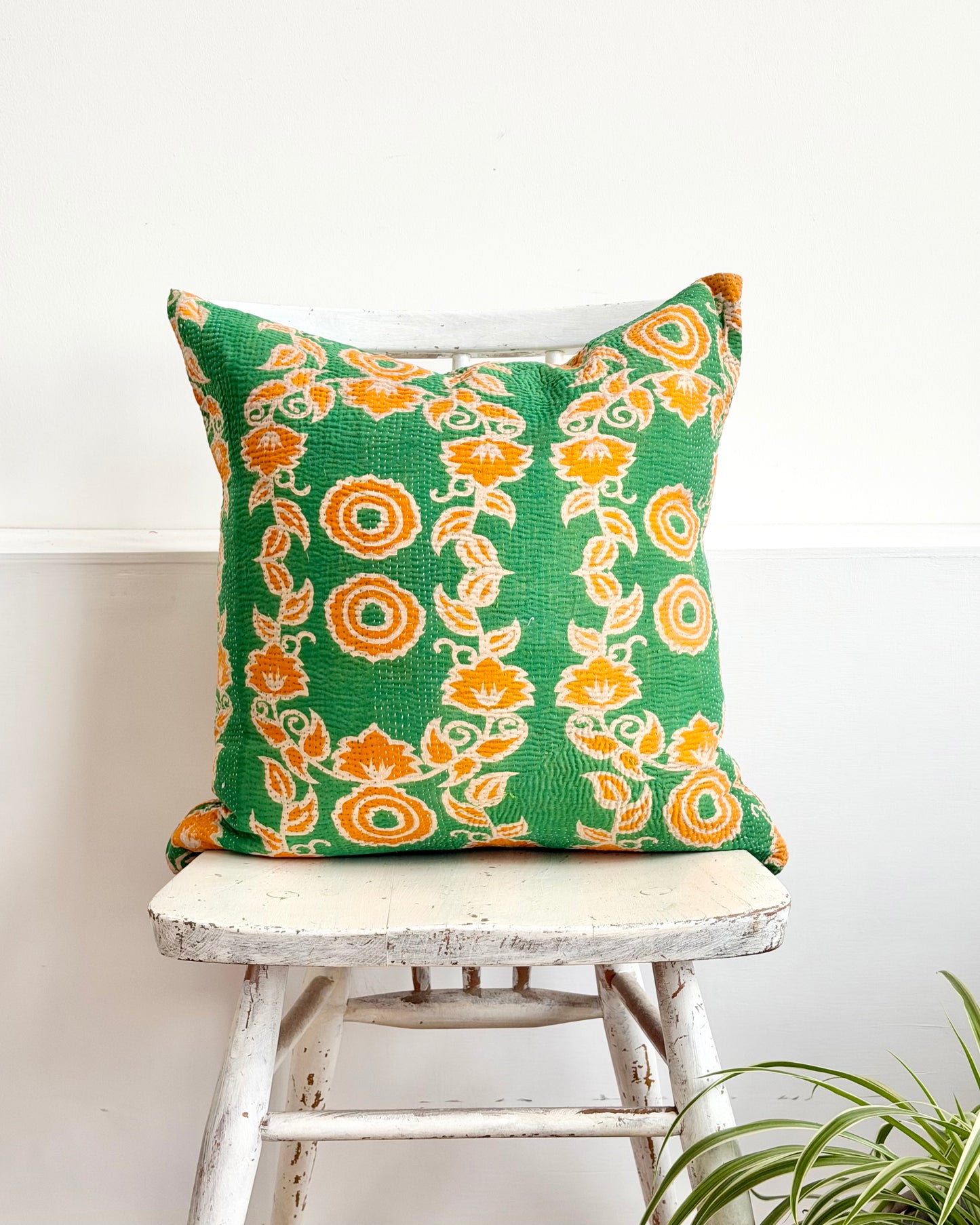 Vintage Kantha Cushion In Green and Orange- 45cm Square