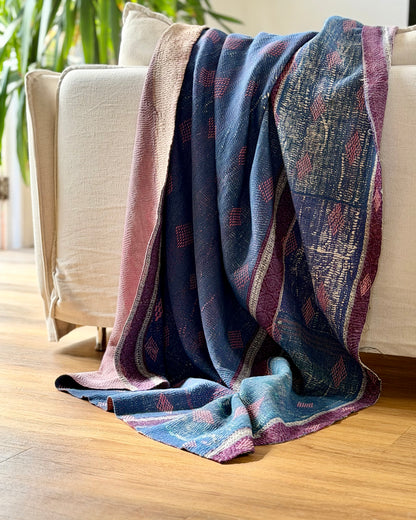 Heavy Fine Stitched Embroidered Vintage Kantha Quilt in Blue and Pink