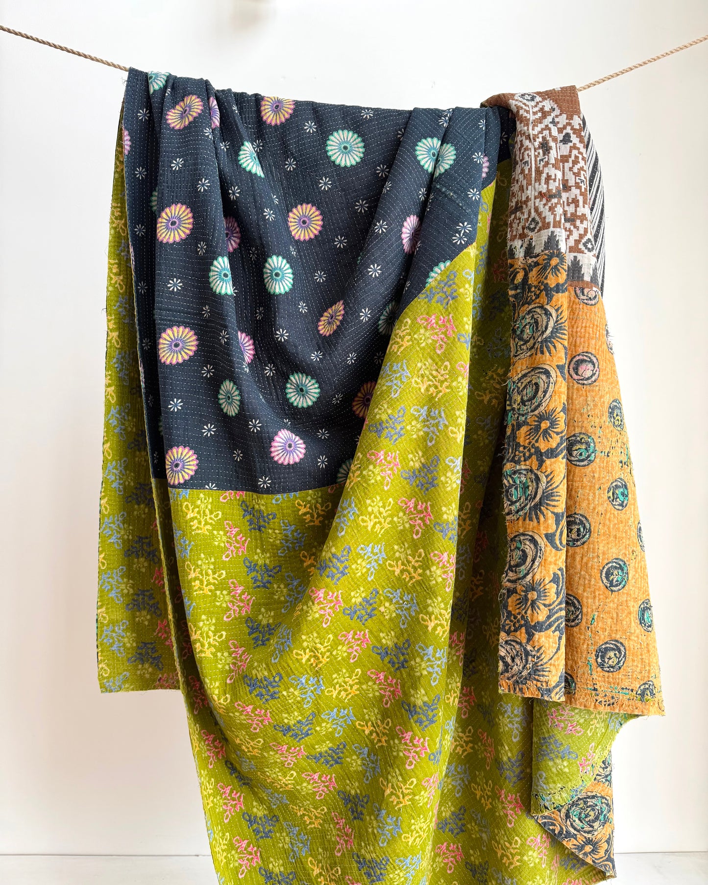 Extra Large Fine Stitched Vintage Kantha Quilt in Vibrant Green and Blue