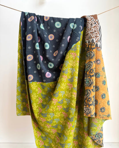 Extra Large Fine Stitched Vintage Kantha Quilt in Vibrant Green and Blue