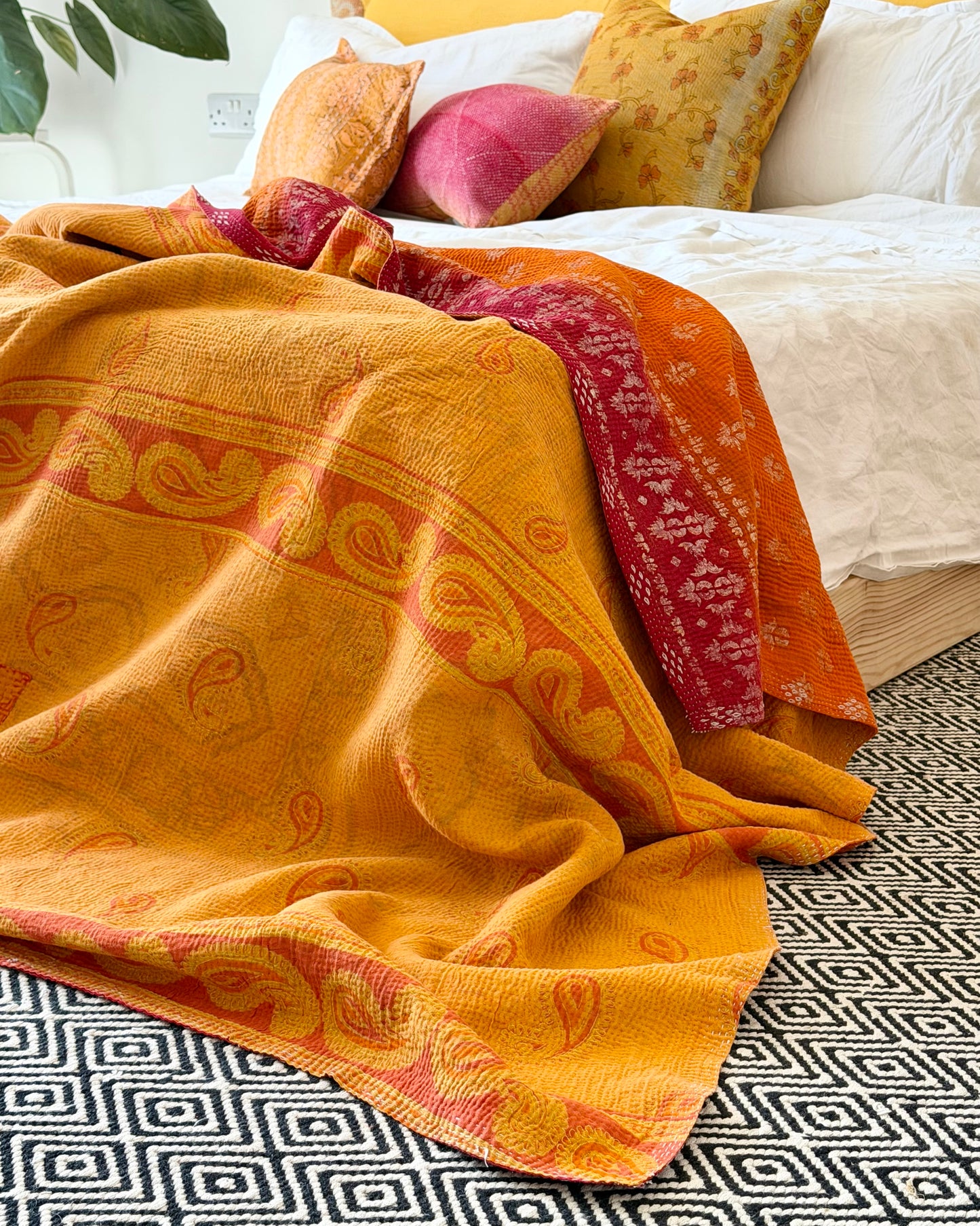 Extra Large Fine Stitched Vintage Kantha Quilt in Yellow and Orange
