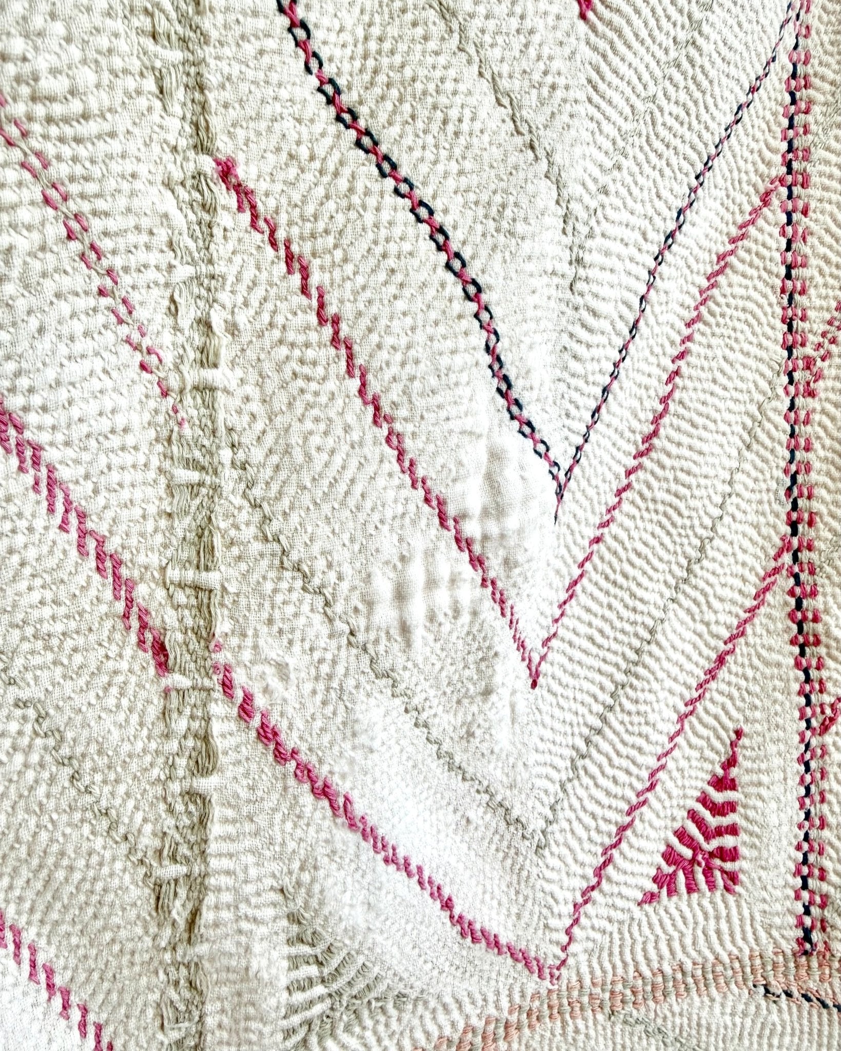 Large Antique Hand Embroidered White Nakshi Kantha From Bengal - Biggs & Hill