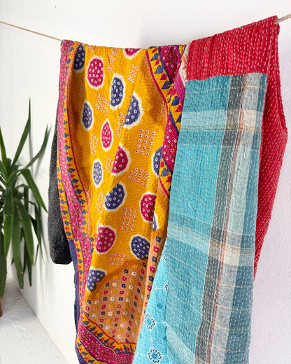 Large Fine Stitched Vintage Kantha Quilt in Pink, Turquoise and Yellow - Biggs & Hill