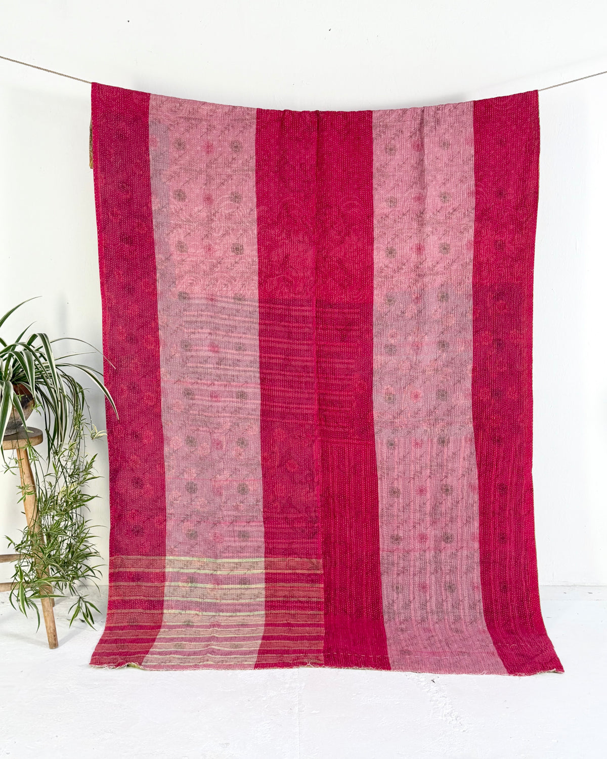 Extra Large Fine Stitched Vintage Kantha Quilt in Pink Stripes and Green
