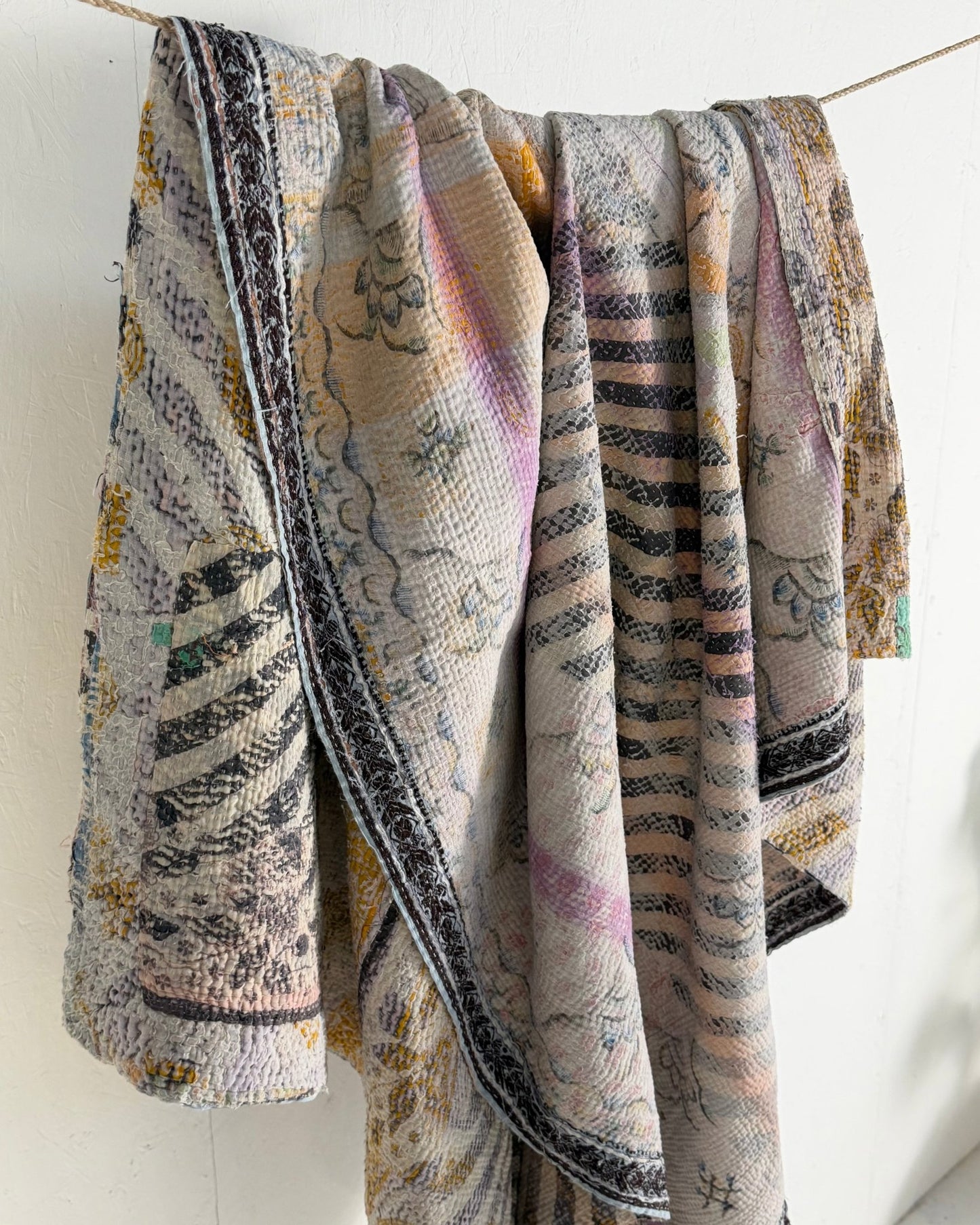 Textured Vintage Kantha Quilt in Pastel Floral with Grey Stripes - Biggs & Hill