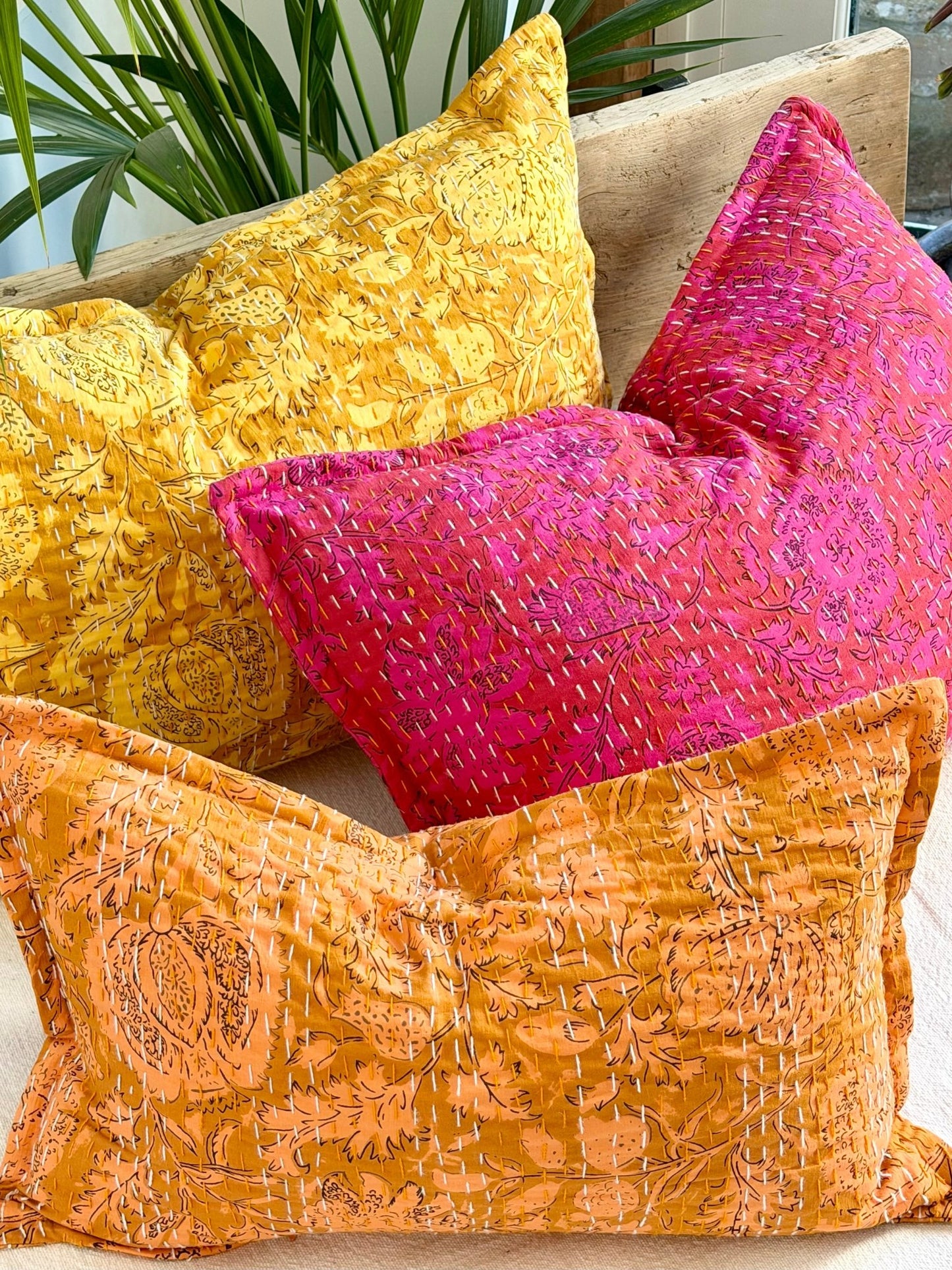 Sunset Orange Floral Block Printed Hand Stitched Rectangular Kantha Cushion - Biggs & Hill