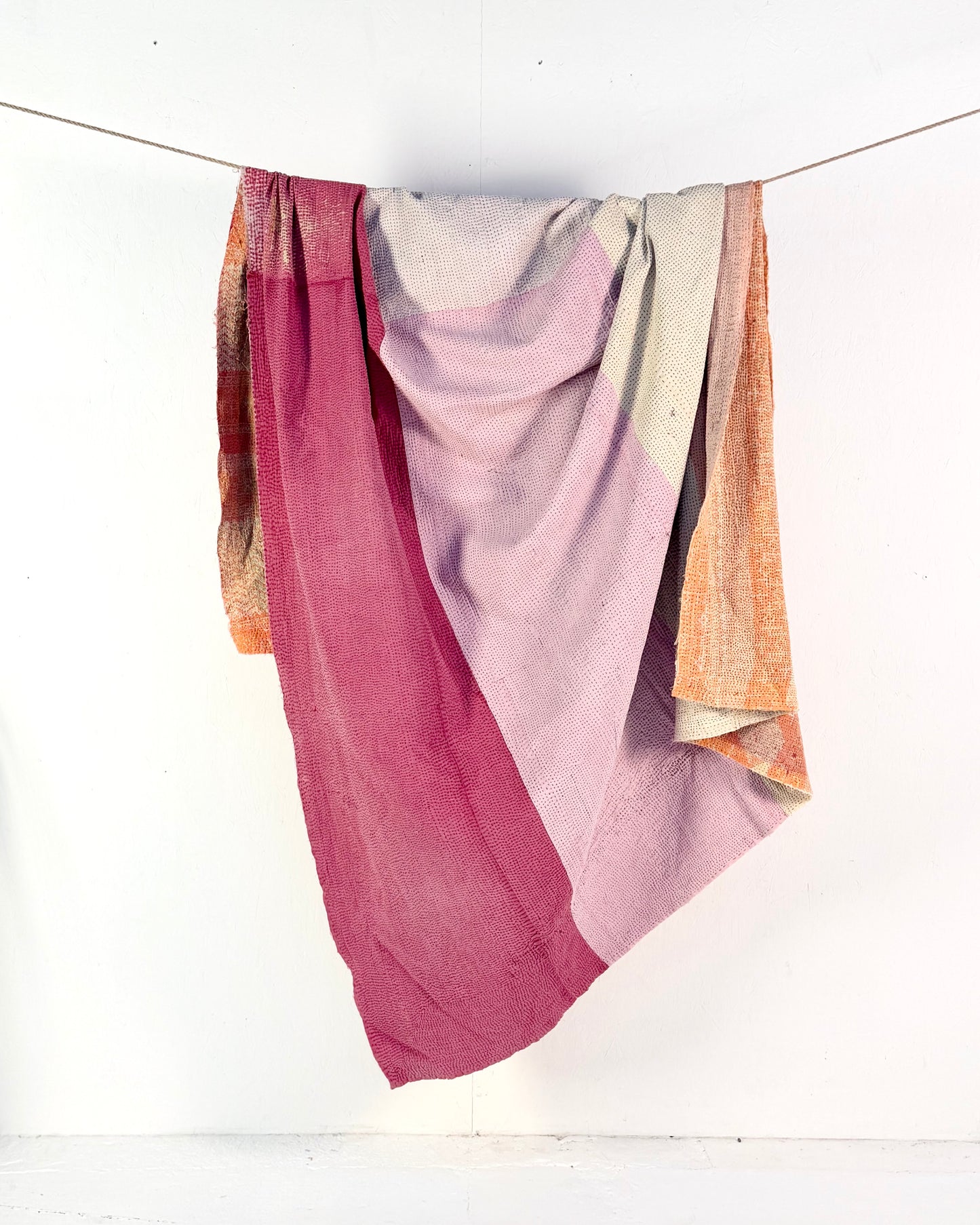 Extra Large Textured Vintage Kantha Quilt in Pink Colour Block and Peachy Pastels