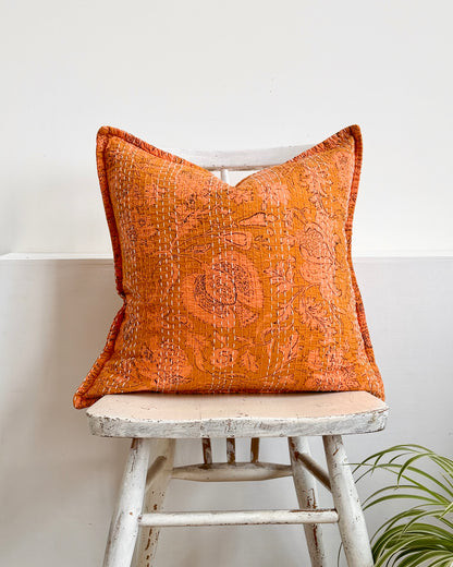 Sunset Orange Floral Block Printed Hand Stitched Square Kantha Cushion