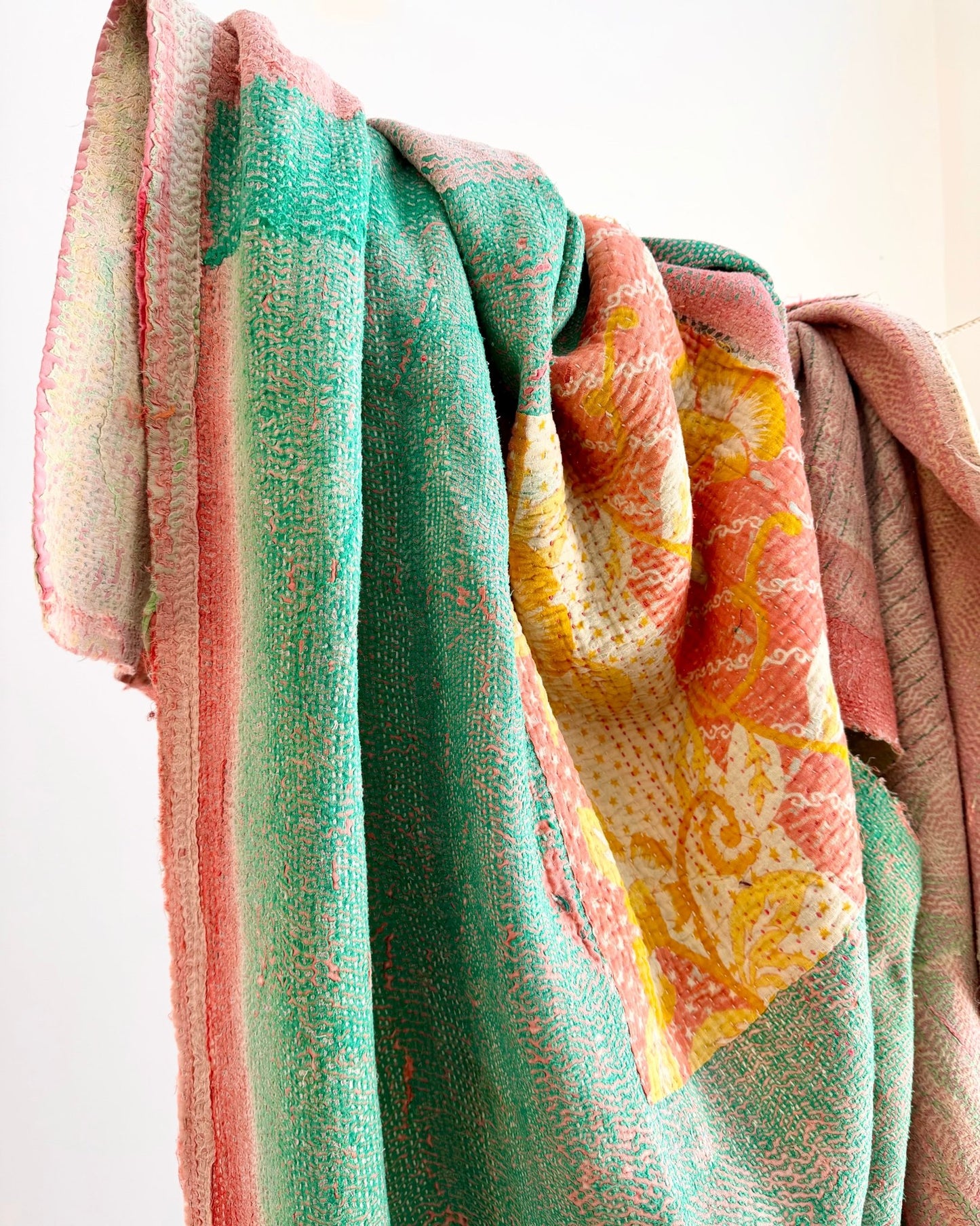 Project Kantha Quilt: Pink and Green With Authentic Aged Texture - Biggs & Hill