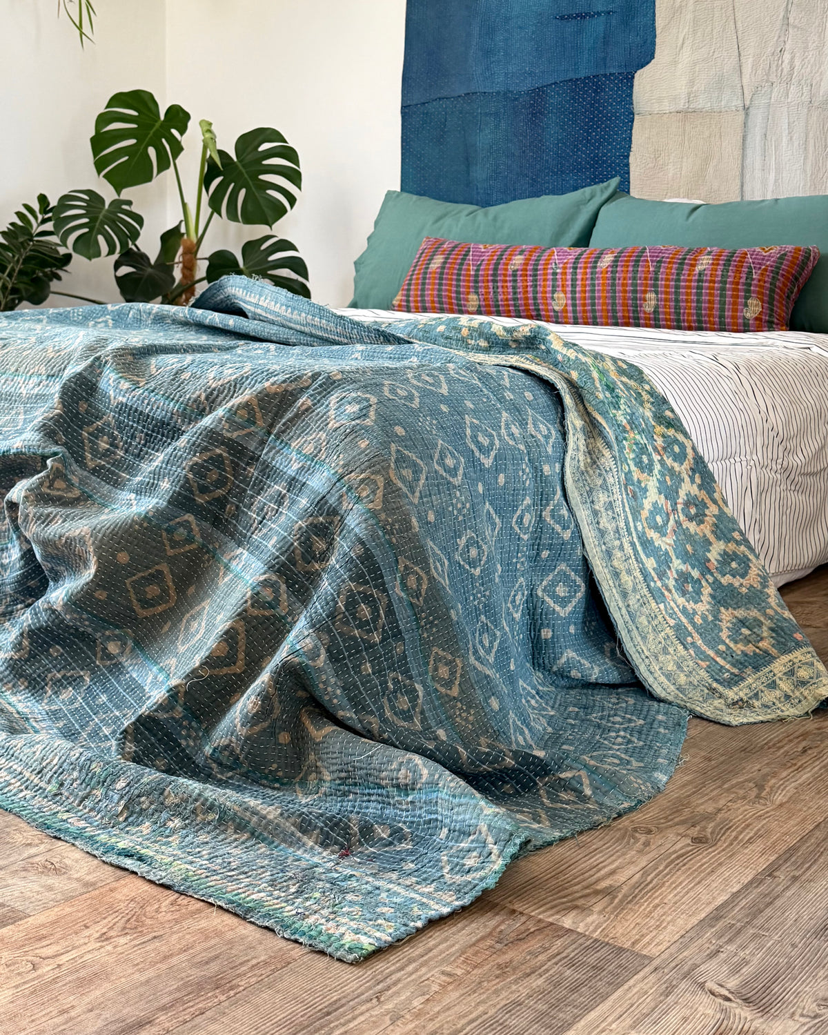 Large Heavy Indigo Print Kantha Quilt