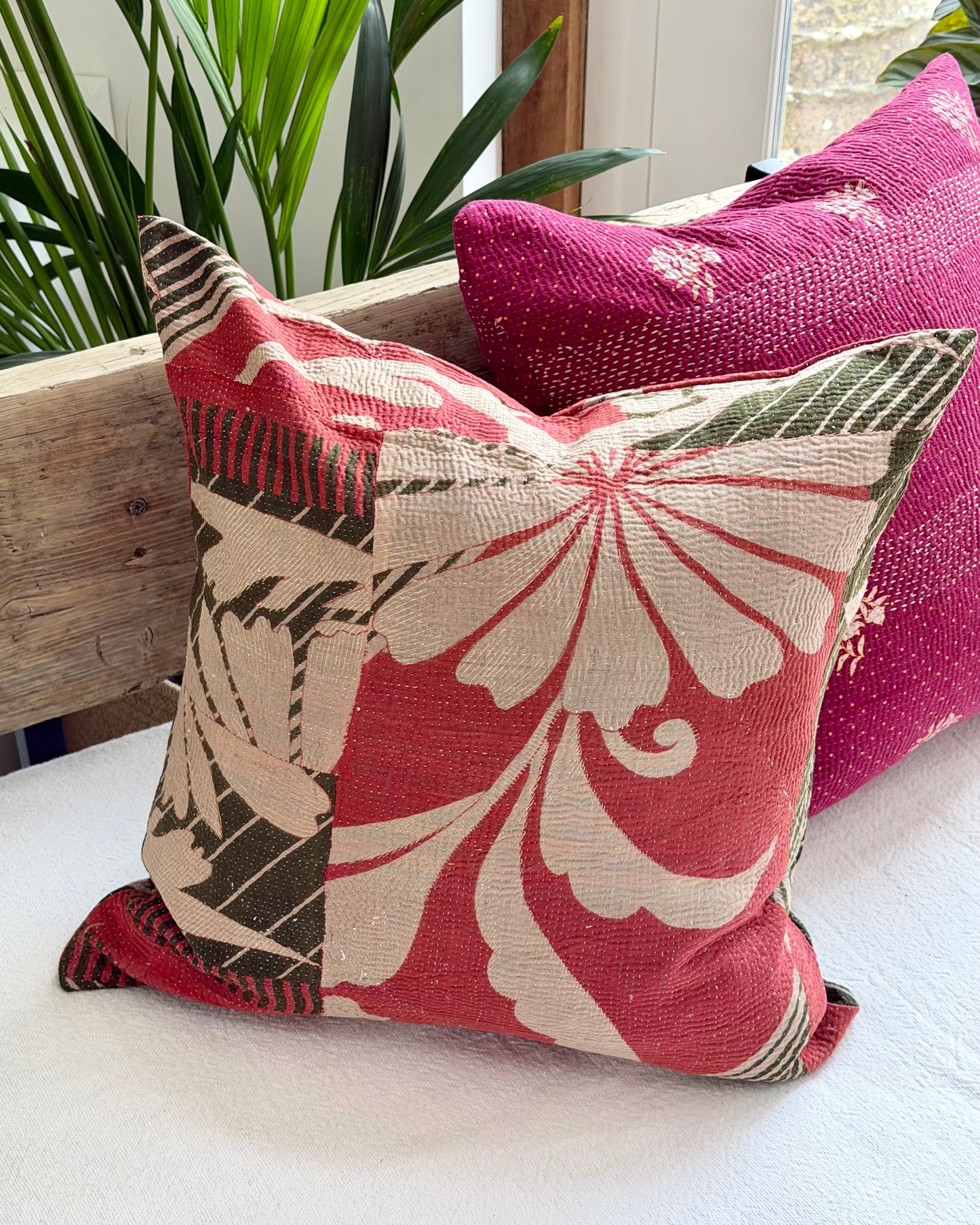 Vintage Kantha Cushion In Green and Pink- 45cm Square