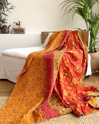 Vintage Cotton Kantha Quilt In Mustard And Red #42