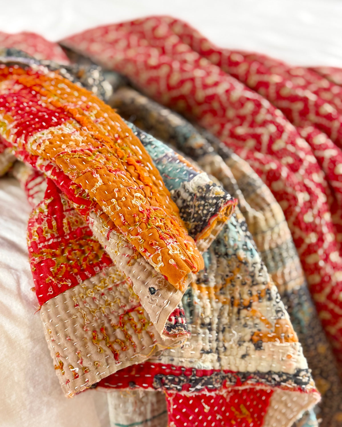 Large Textured Vintage Kantha Quilt in Red and Blue