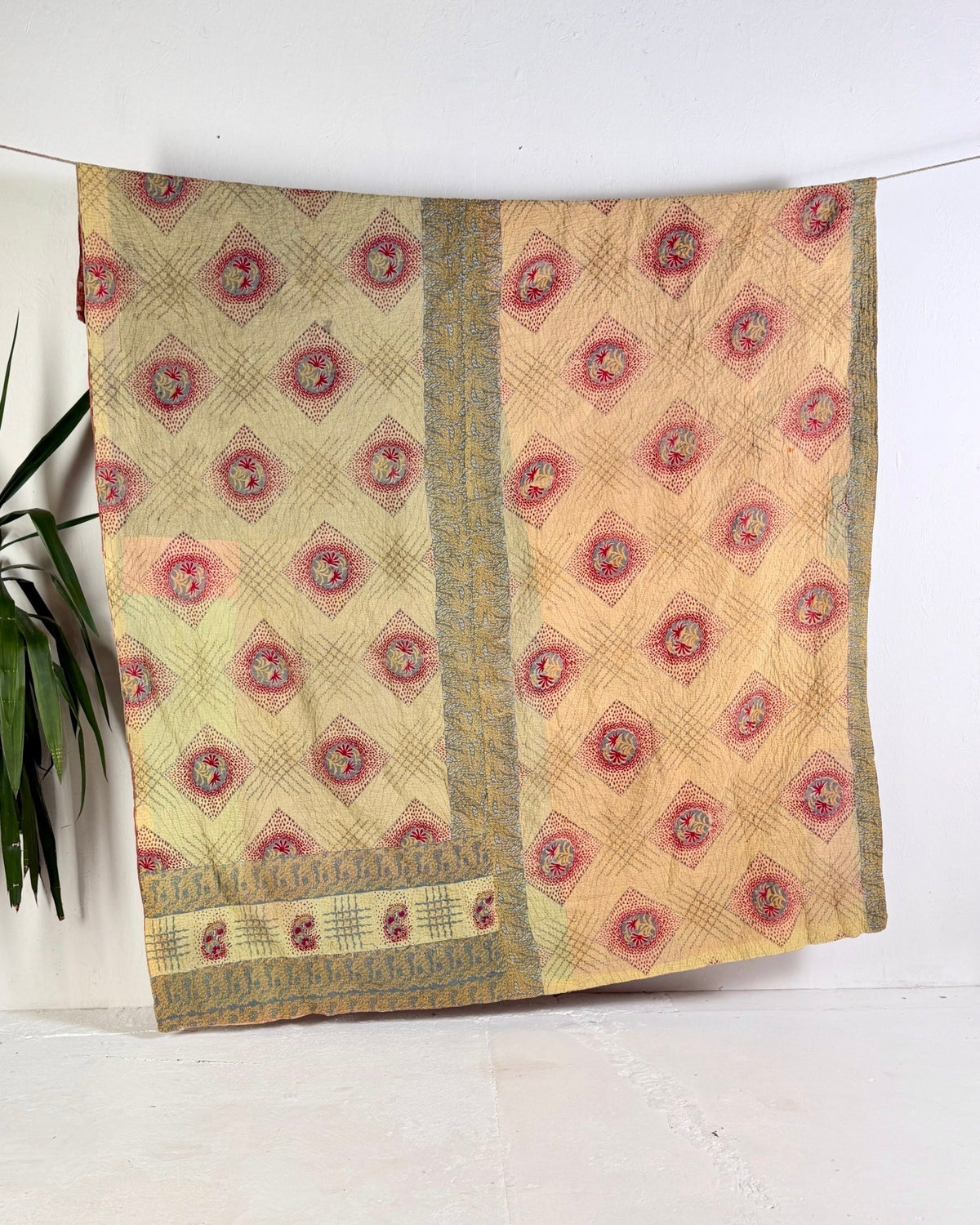 Large Fine Stitched Vintage Kantha Quilt in Soft Green and Brown - FIRST picture - Biggs & Hill