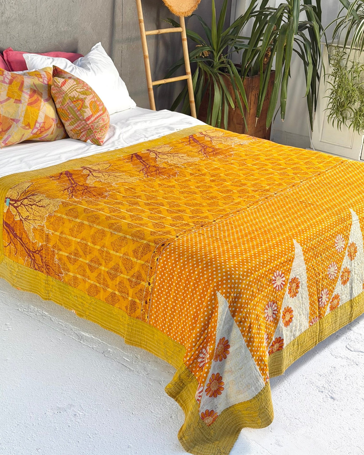 Large Fine Stitched Vintage Kantha Quilt in Yellow and Orange - Biggs & Hill