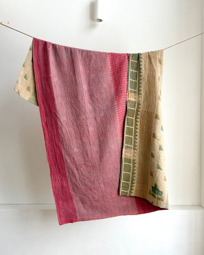 Fine Stitched Vintage Kantha Quilt in Super Soft Pink and Olive Green