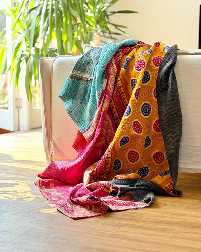 Large Fine Stitched Vintage Kantha Quilt in Pink, Turquoise and Yellow - Biggs & Hill