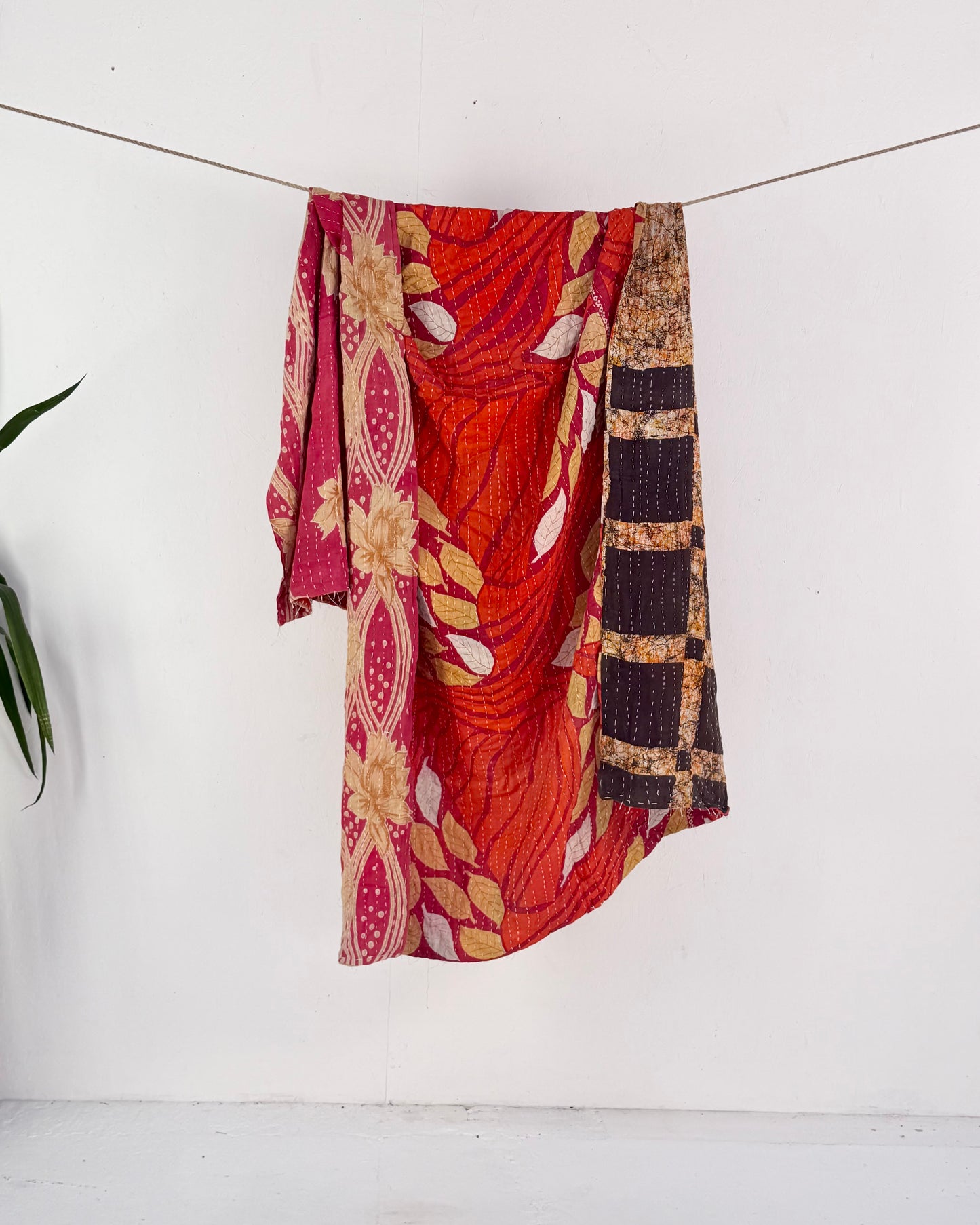 Vintage Cotton Kantha Quilt In Orange, Pink and Black #50