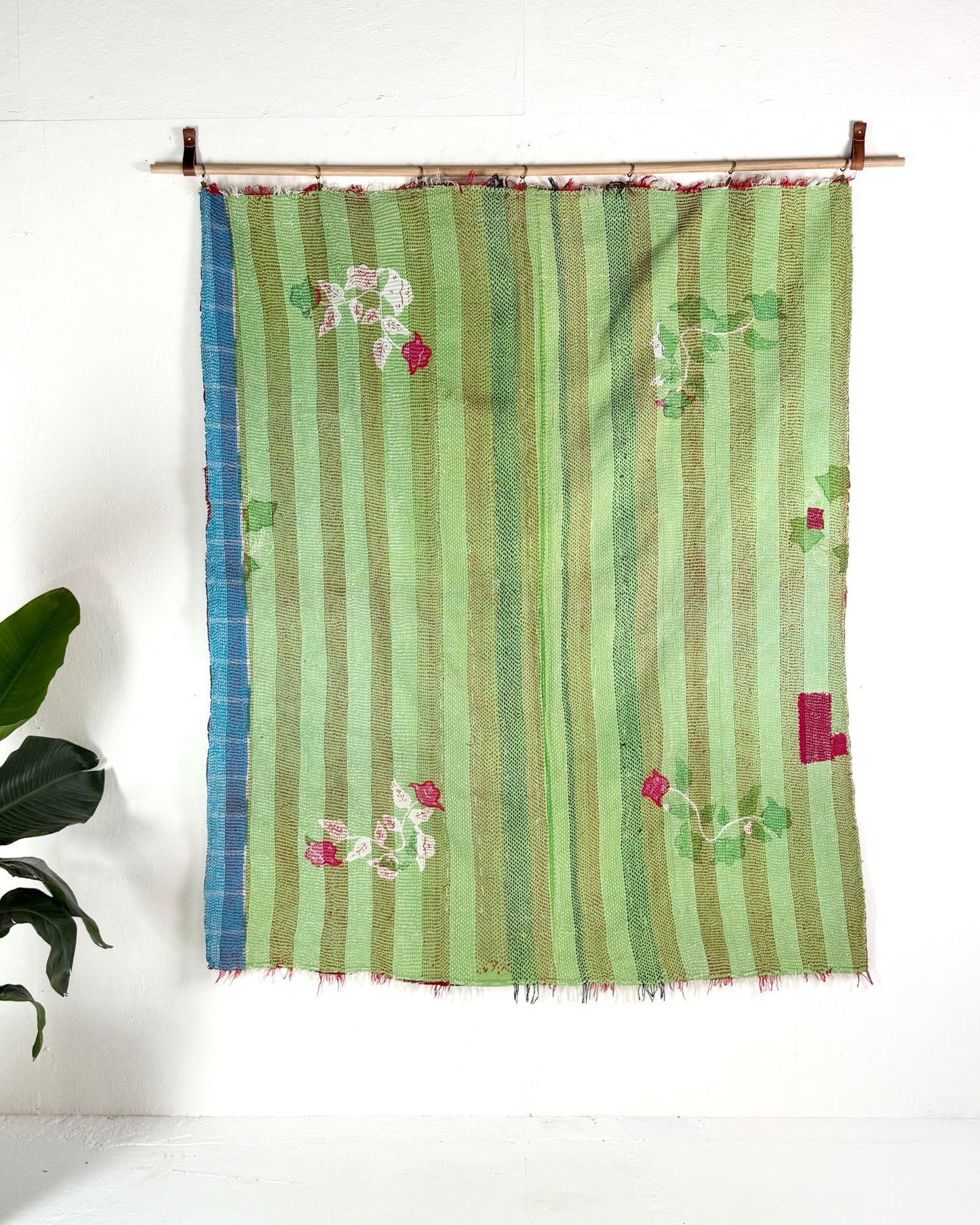 Heavy Kantha Blanket Quilt With Red Stripes And Green Back - Biggs & Hill