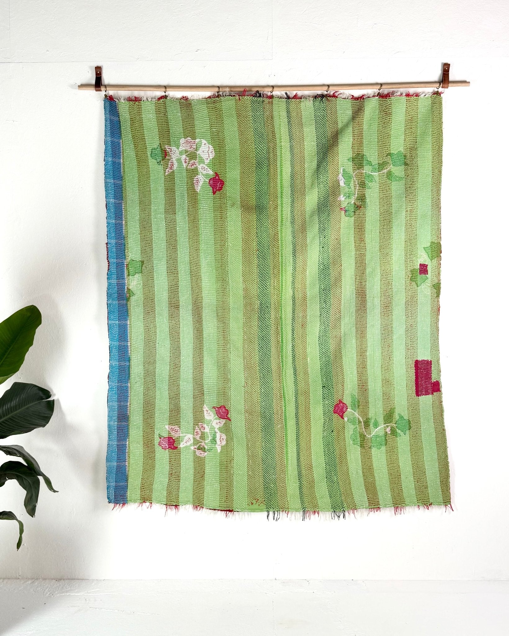 Heavy Kantha Blanket Quilt With Red Stripes And Green Back - Biggs & Hill