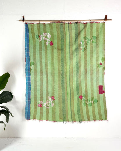 Heavy Kantha Blanket Quilt With Red Stripes And Green Back - Biggs & Hill